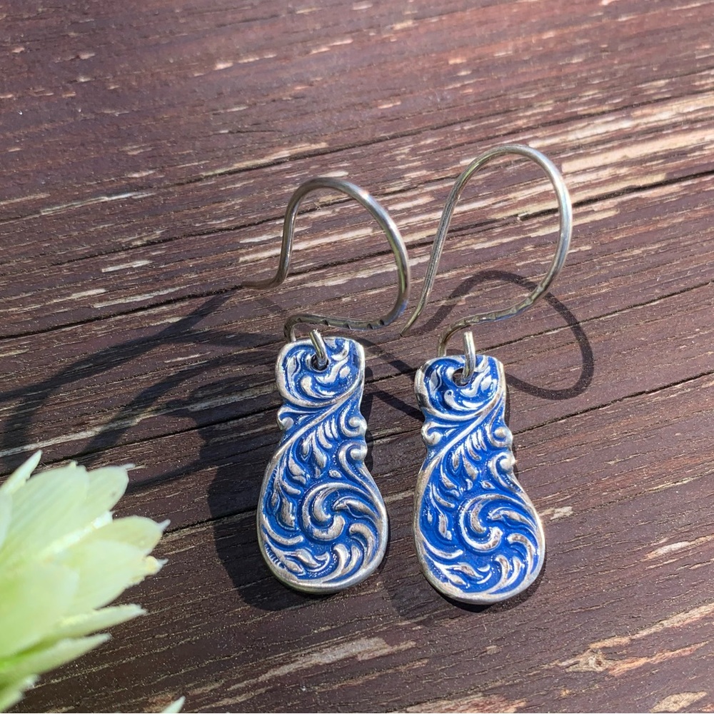 Sterling Antique Spoon Earrings Dangle Blue Vintage French Ear Hooks Art…